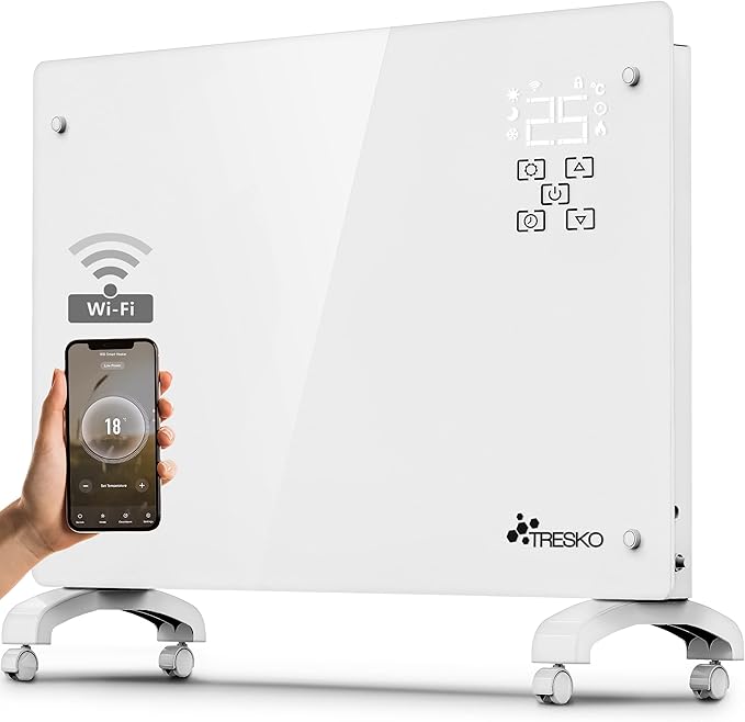 TRESKO® Glaskonvektor 2000 W, App- und WLAN-Funktion, elektrische Heizung, LED-Anzeige und Timer, Stand- oder Wandheizung